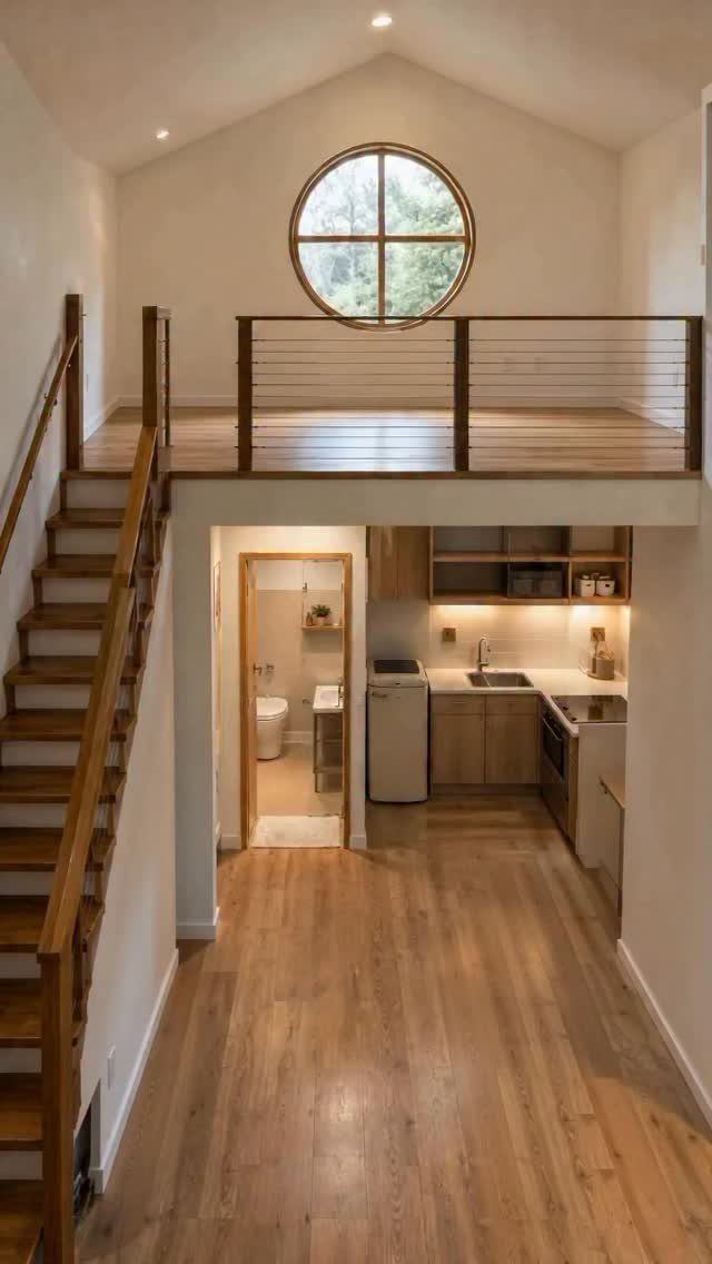 Wooden loft platform overlooking a small kitchen and bathroom in a modern interior.