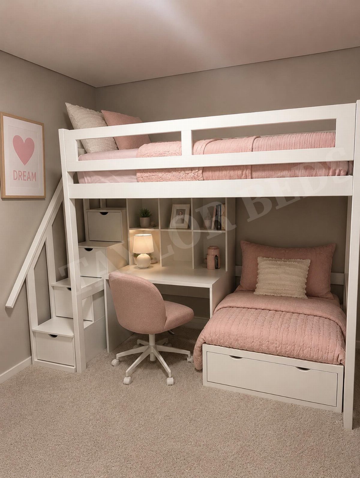 White loft bed with pink bedding, integrated desk, and built-in storage drawers.