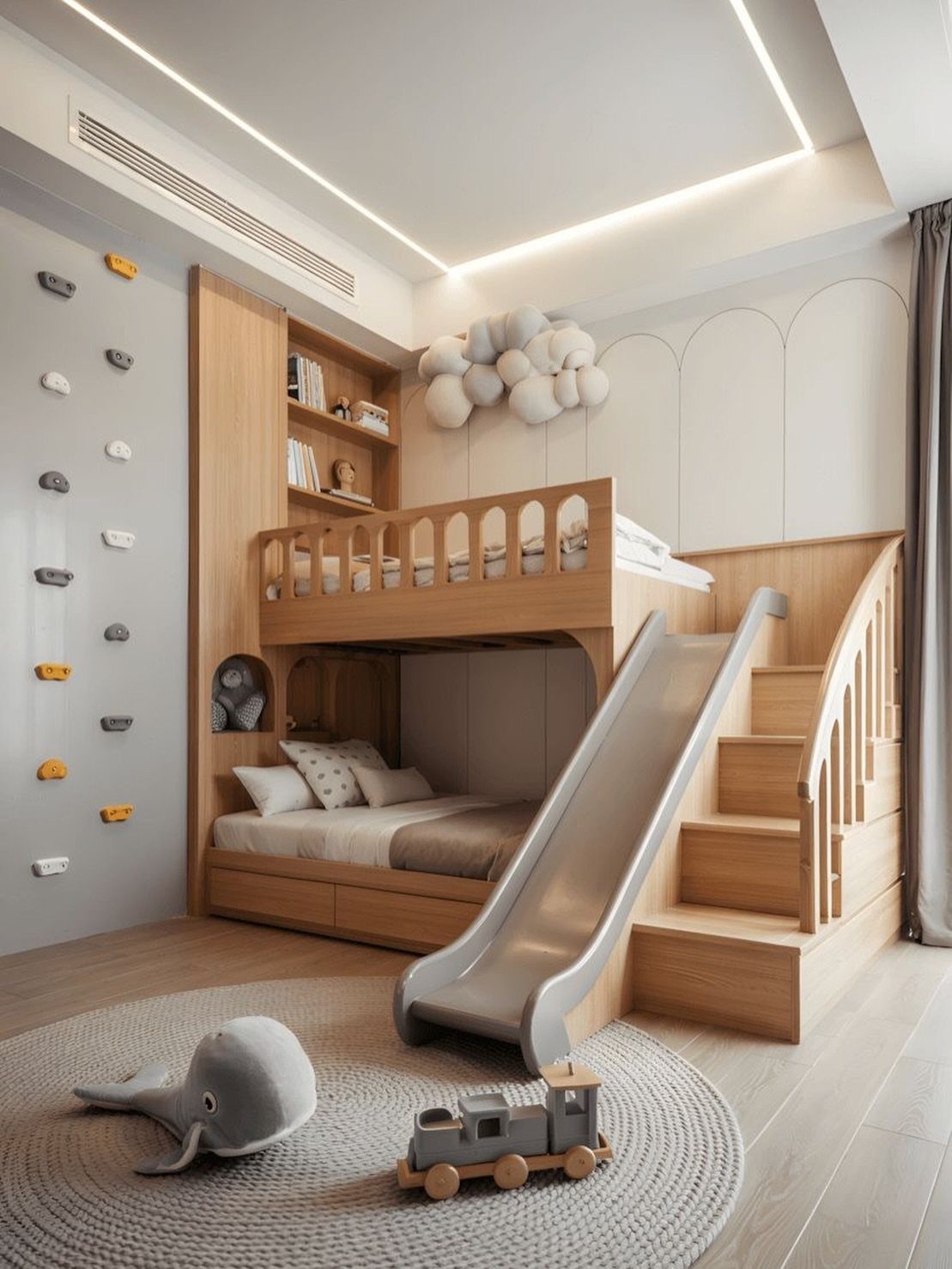 Wooden bunk bed with integrated slide, stairs, and shelving in a modern child's bedroom