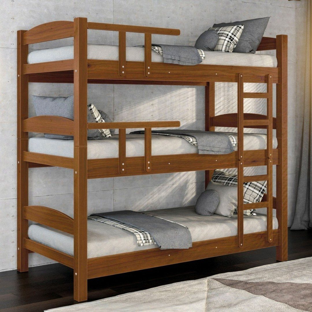Wooden triple bunk bed with three stacked levels and a built-in ladder.