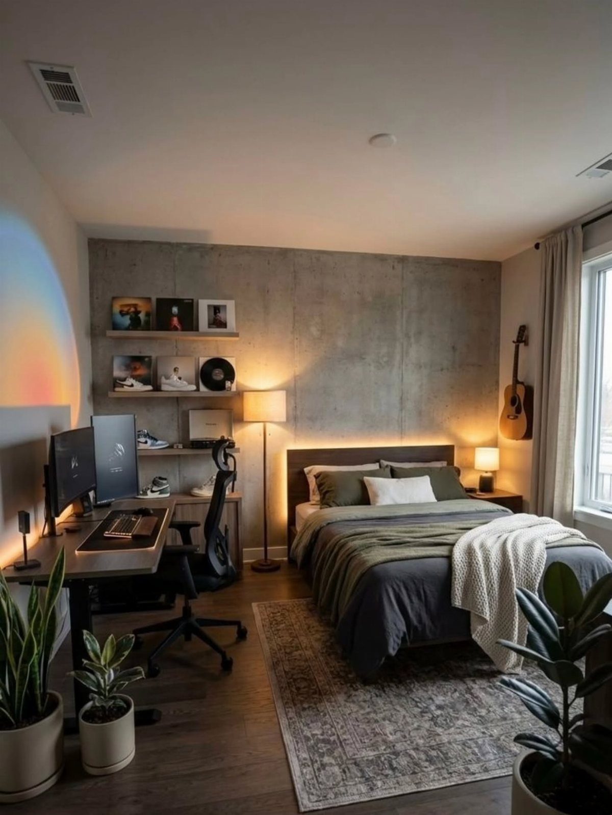 Modern bedroom featuring a concrete wall, olive green bedding, and a computer workstation.