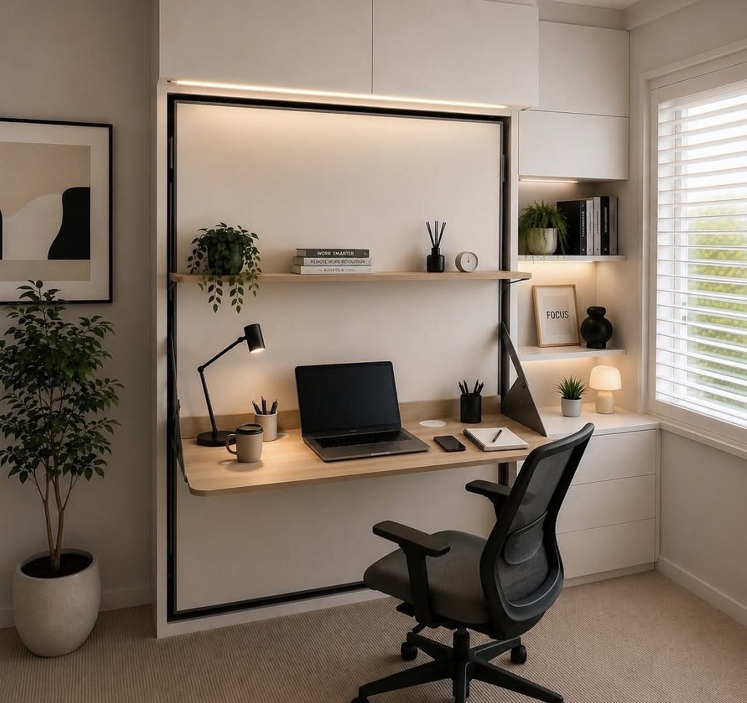Wall bed with integrated desk, laptop, and office chair in a white room