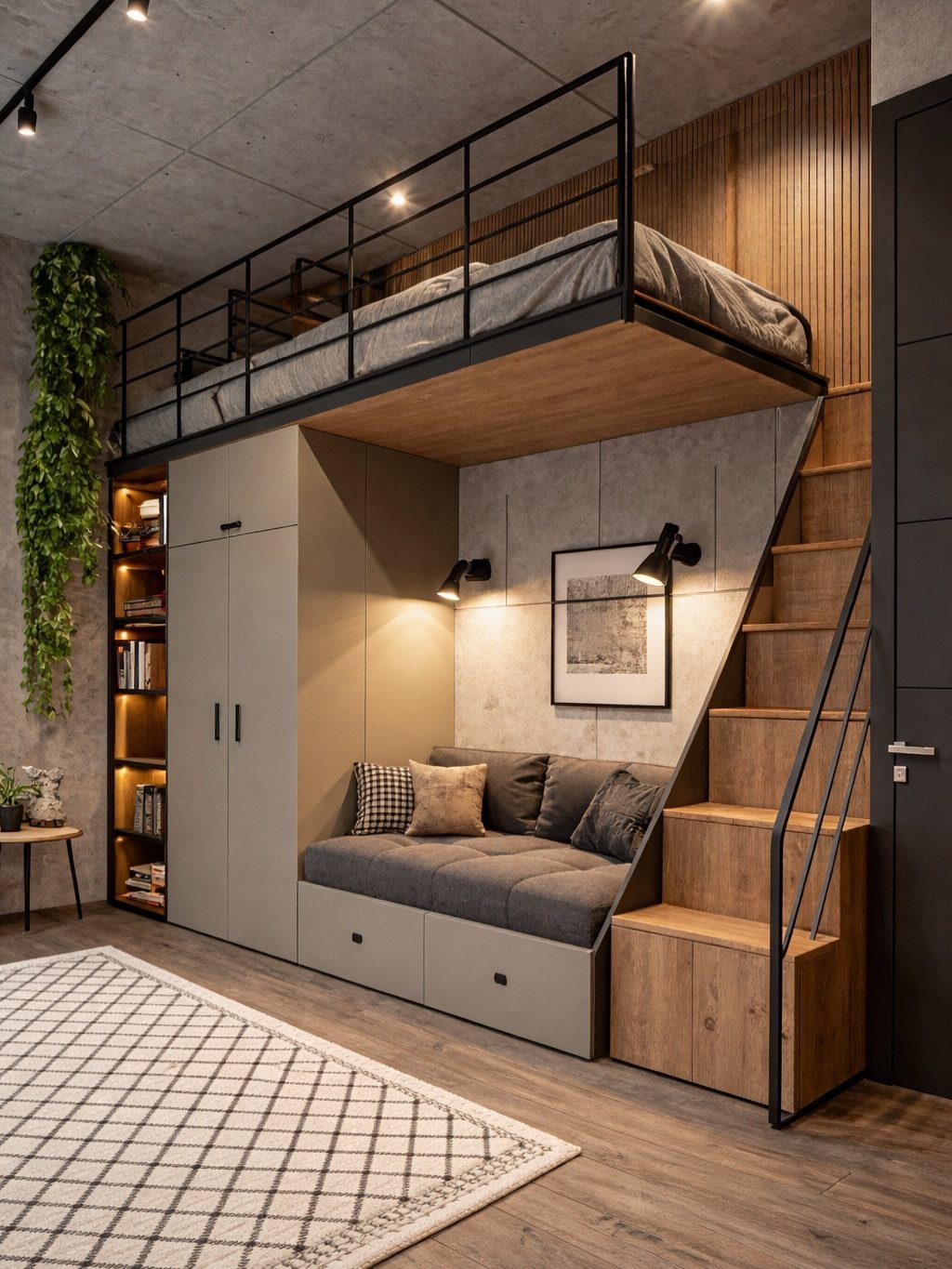 Modern loft bedroom with raised bed, grey lounge area, and wooden stairs.