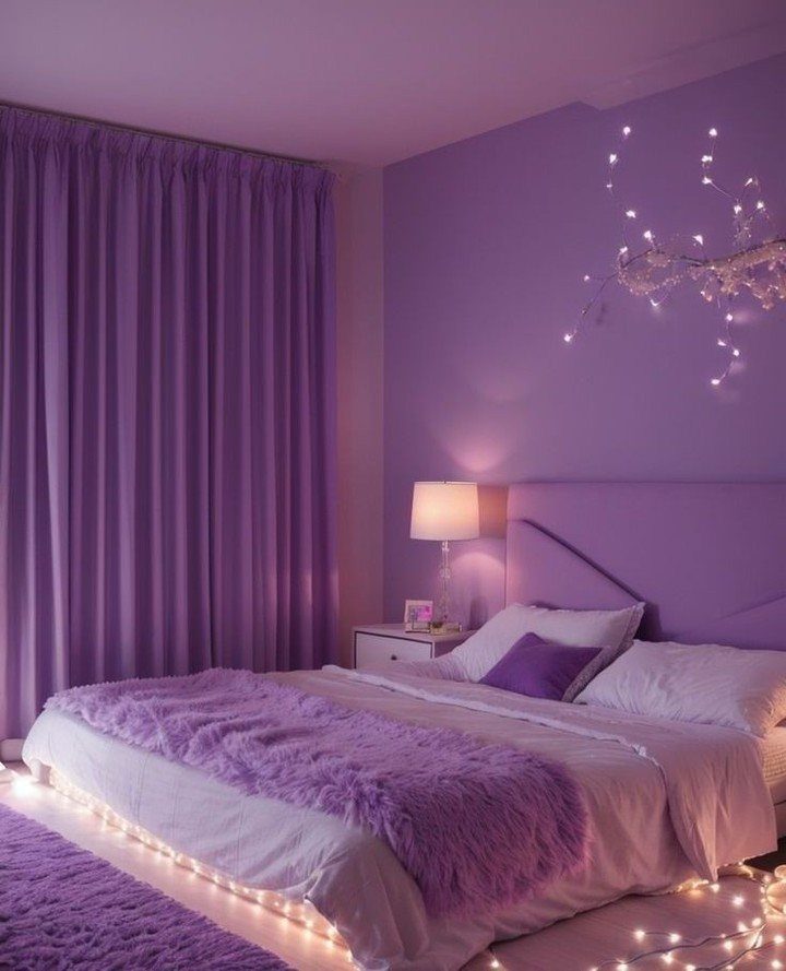 Purple bedroom with lavender walls, matching curtains, and a bed with fairy lights.