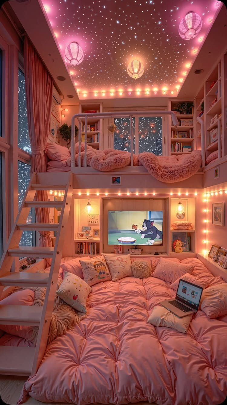 Pink loft bedroom with starry ceiling, plush bedding, and built-in entertainment center.