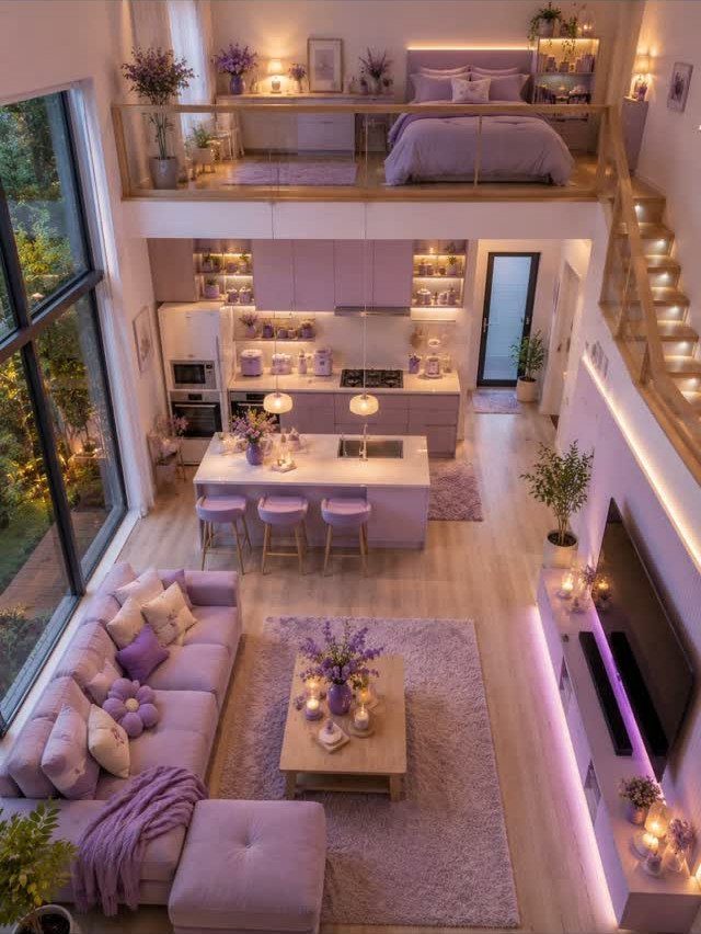 Modern studio apartment with lavender walls, purple furniture, and a lofted bedroom area.