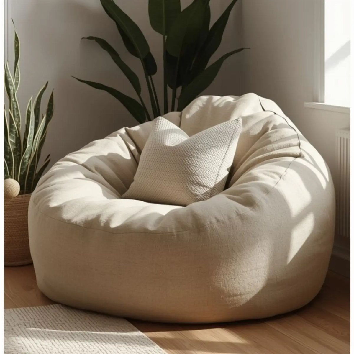 Cream-colored bean bag chair with a small pillow in a bright room.