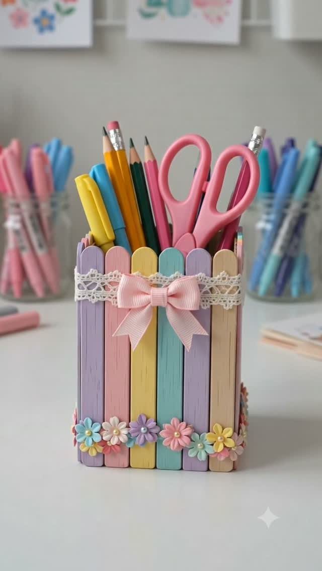 Colorful popsicle stick pencil holder with a pink bow and various writing utensils.