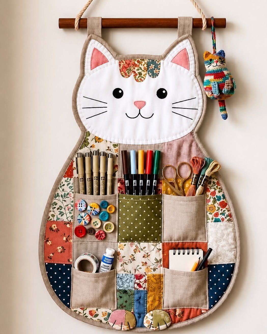 Cat-shaped fabric wall organizer with pockets holding sewing supplies, markers, and stationery.