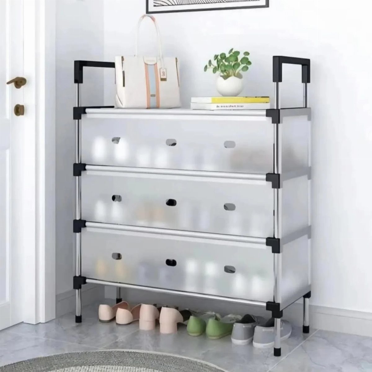 Translucent three-tier shoe rack holding various shoes in a bright indoor setting.