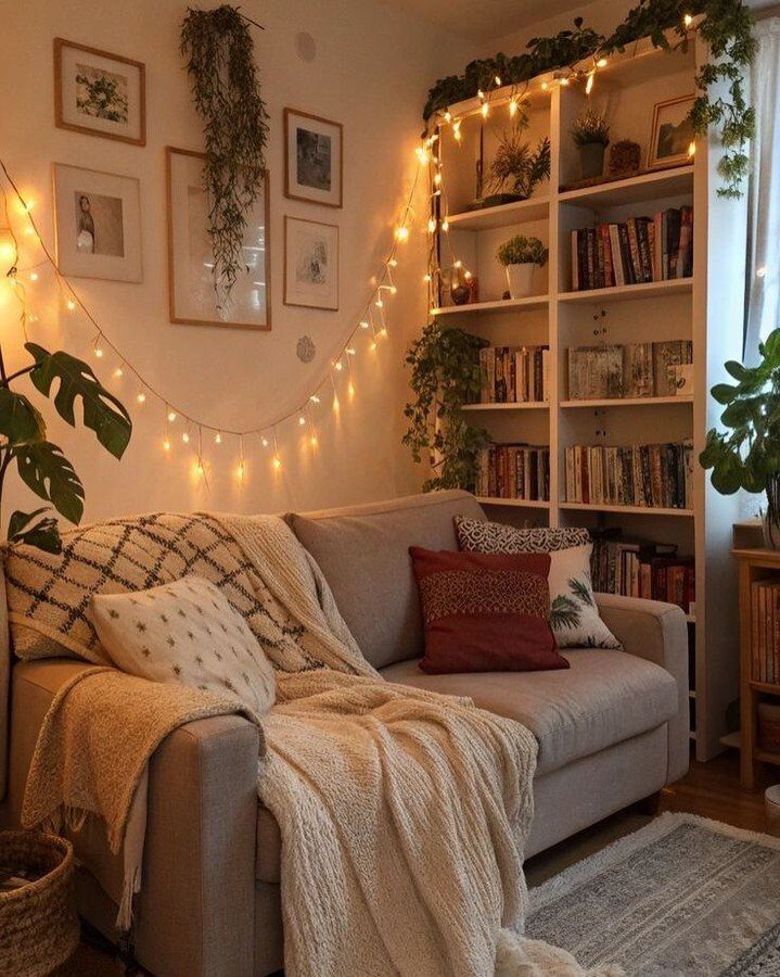 Warm string lights draped across a wall and bookshelf in a cozy room.