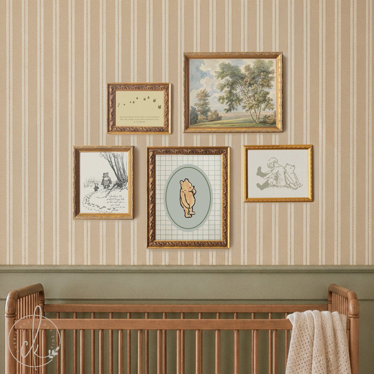 Framed vintage Winnie the Pooh illustrations on a striped wall above a wooden crib.