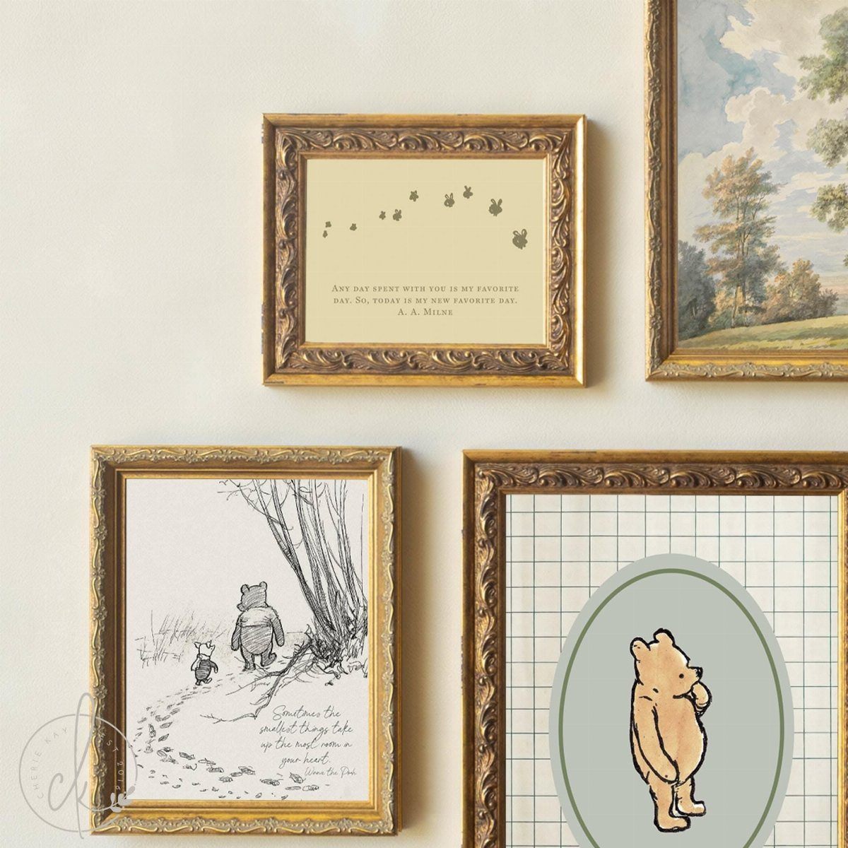 Gold-framed vintage Winnie the Pooh illustrations and quotes hanging on a white wall.
