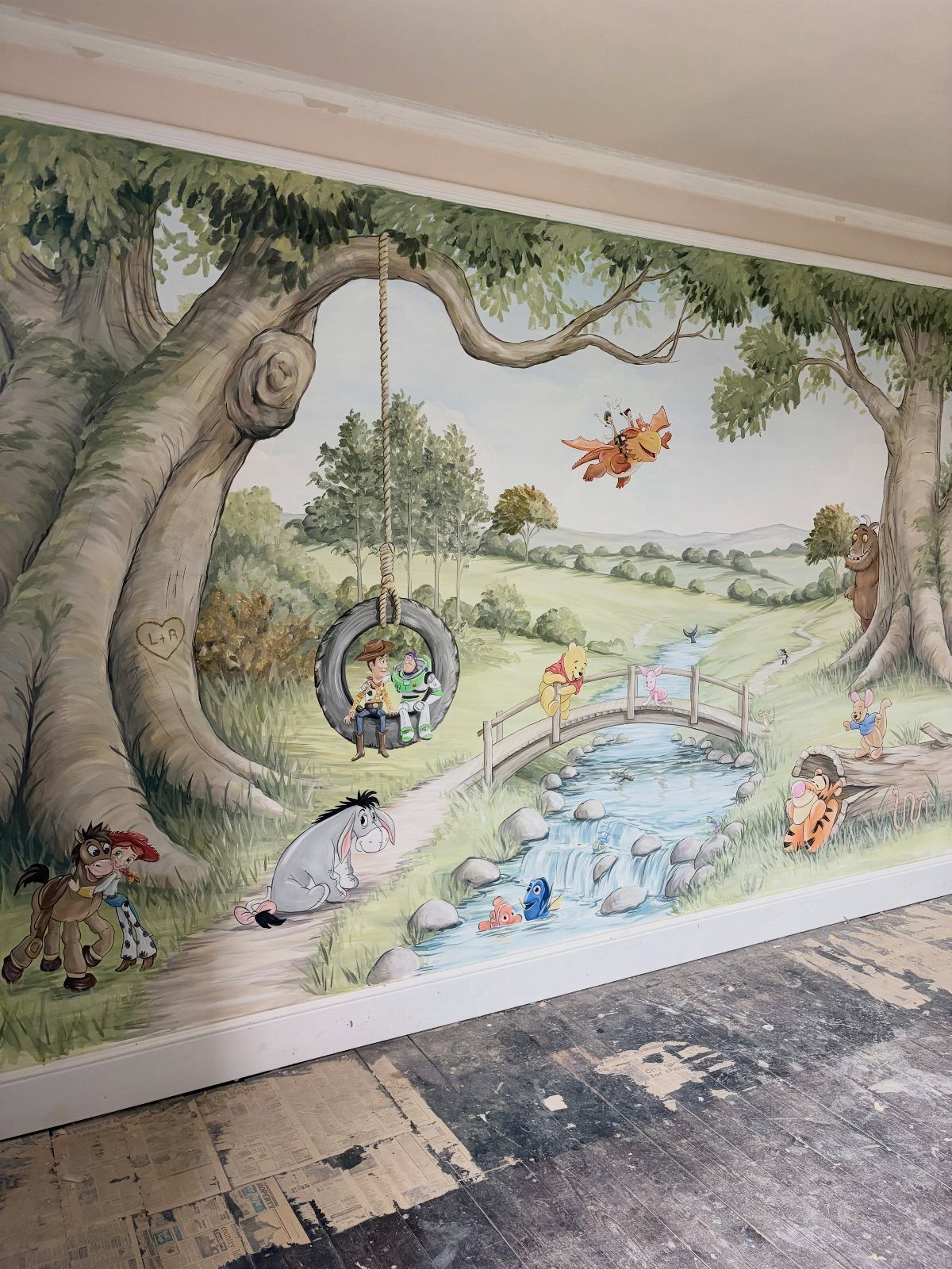 Wall mural of Hundred Acre Wood featuring Winnie the Pooh and friends in nature.