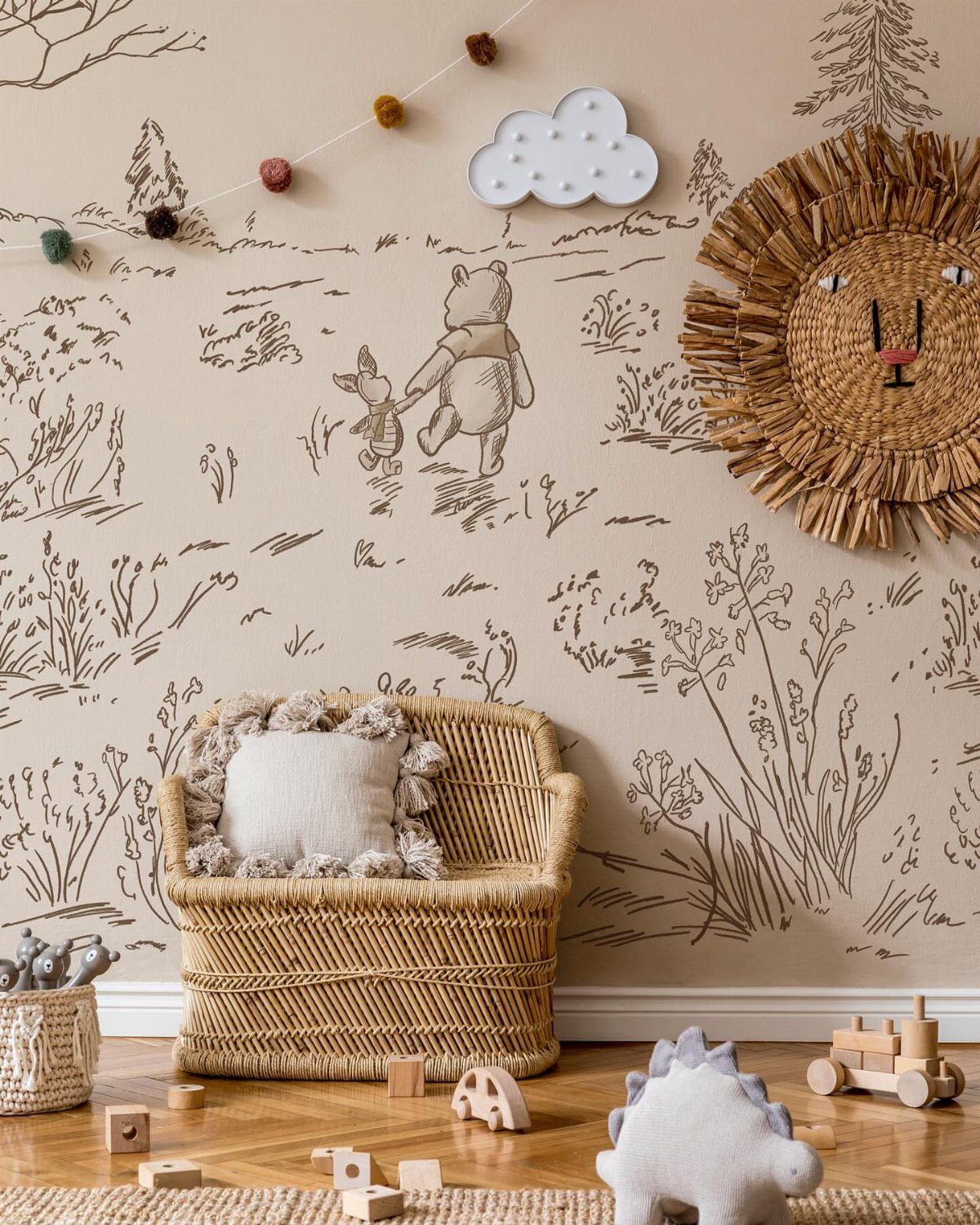 Winnie the Pooh and Piglet wall decals in a neutral toned nursery room.