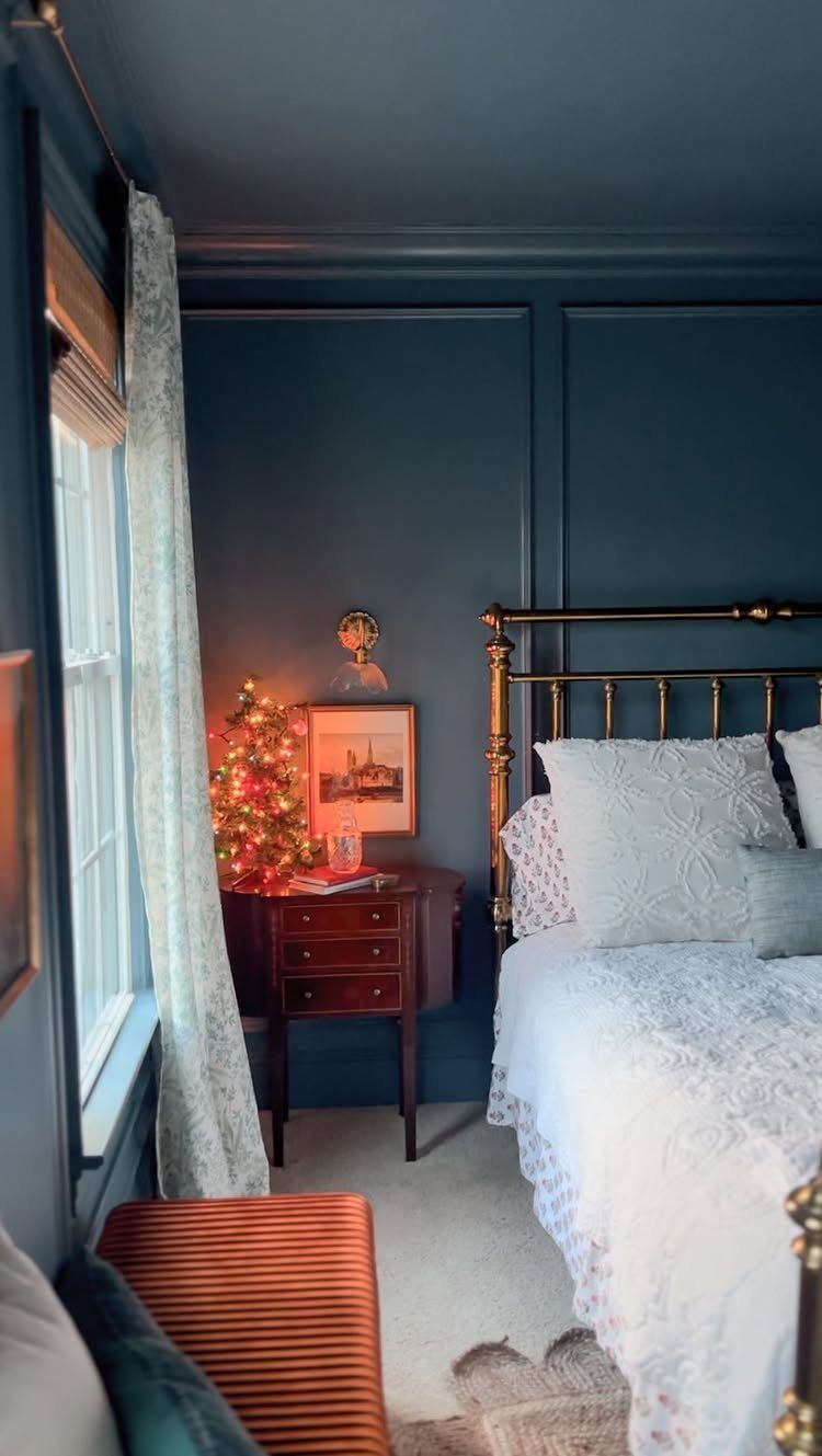 Navy blue bedroom with matching walls, ceiling, and trim, featuring a brass bed.