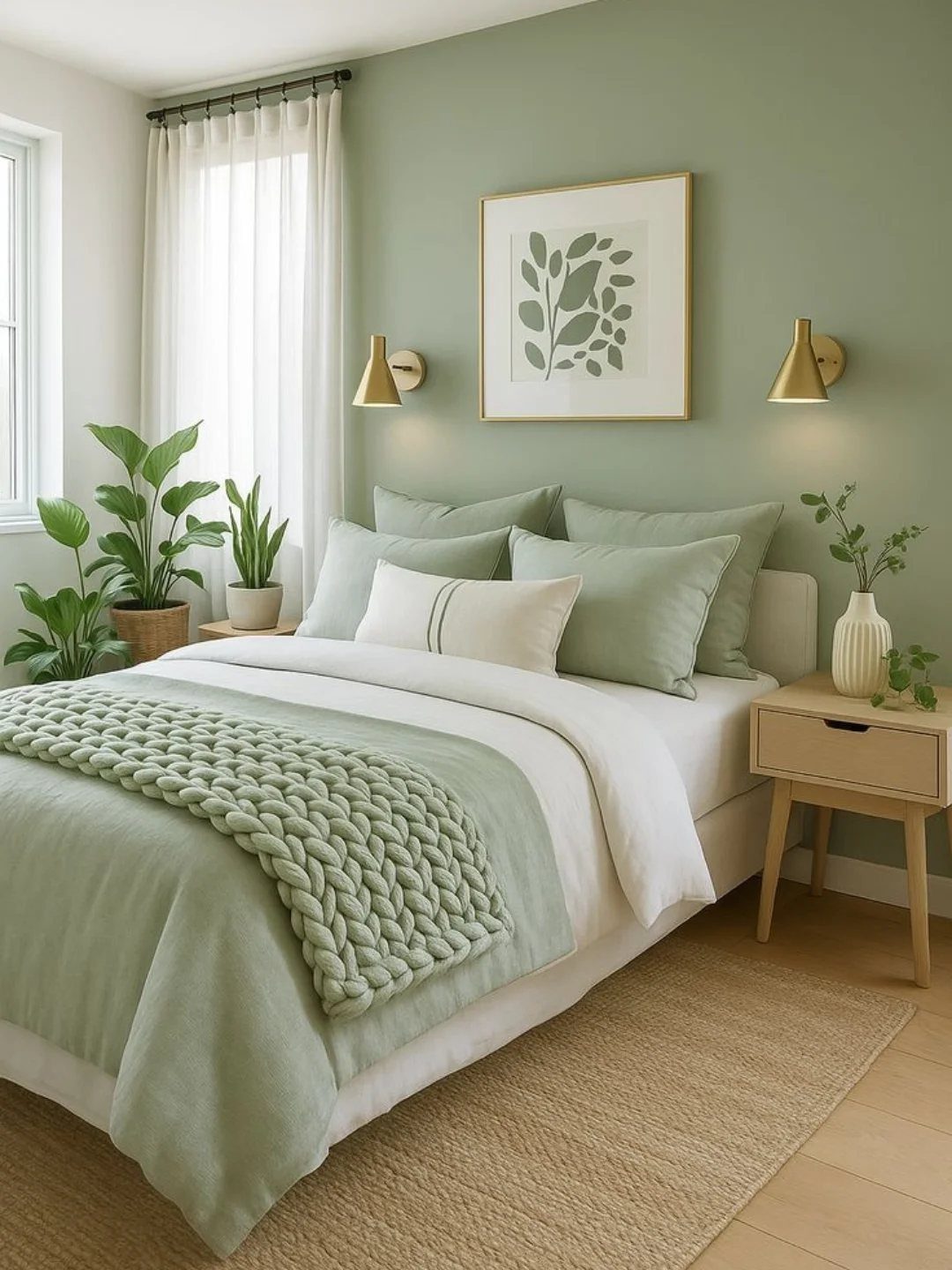 Bedroom with soft green walls, white bedding, and botanical art and plants.
