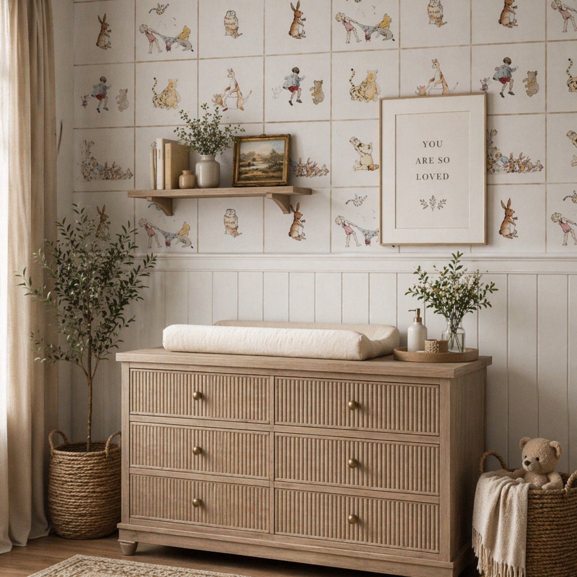 Vintage Winnie the Pooh nursery with a wooden dresser and illustrated wall art.